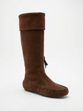 Miu Miu Brown Suede Knee High Moccasin Flat Boots Fold Cuff Zip Size 37.5 Italy